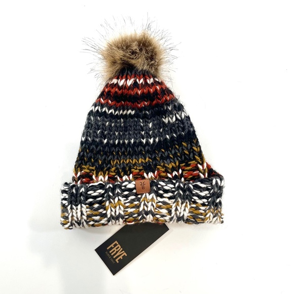 FRYE Marbled Cuff Pompom Beanie Hat Multicolor Red Knit Fur Après-ski main image 4